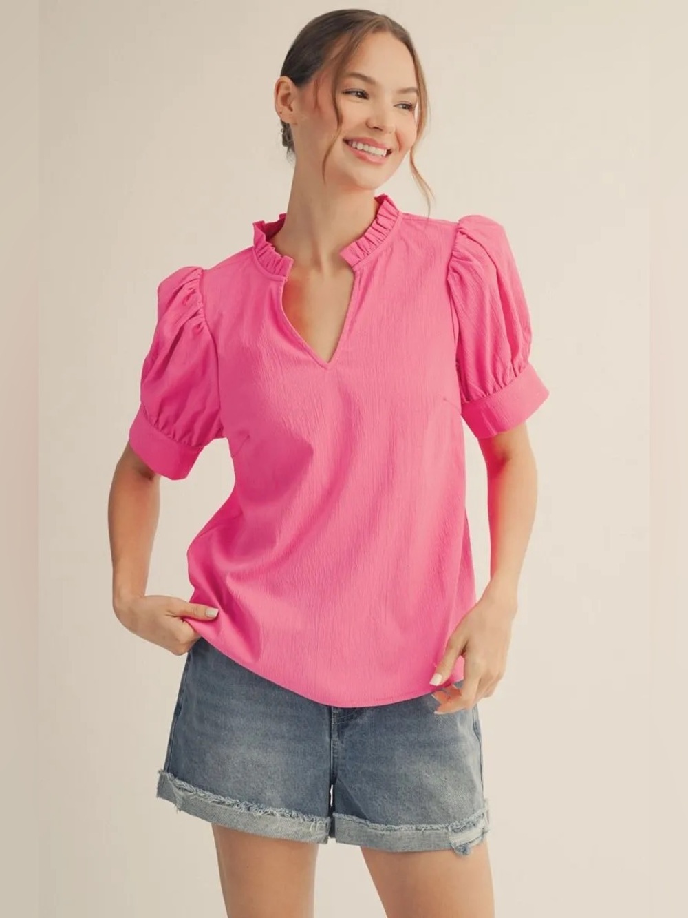 JODIFL Crinkle Hot Pink Ruffle V-Neck Puff Sleeve Blouse NWOT small